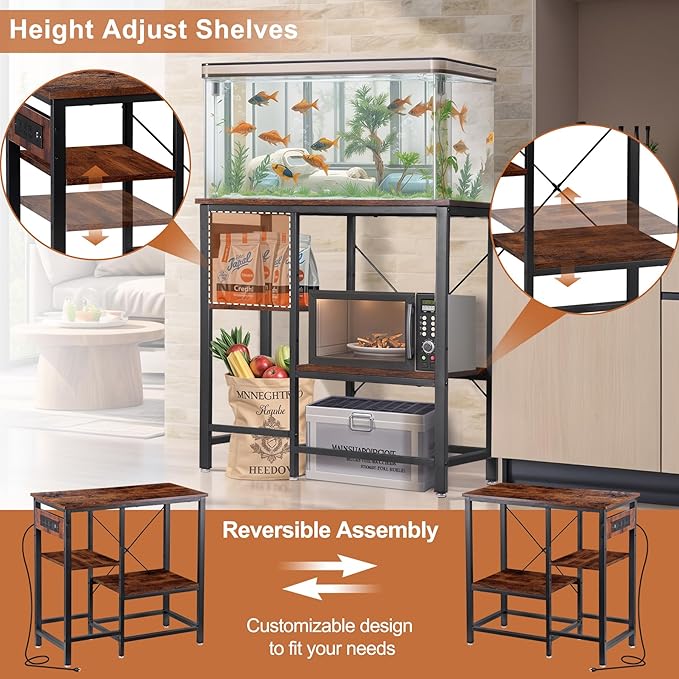 20-29-37 Gallon Fish Tank Stand with Power Outlet, Metal Aquarium Stand with Adjustable Shelves, 6-Leg Heavy Duty Reptile Storage Rack for Living Room, Office, Rustic Brown, 400LBS Capacity