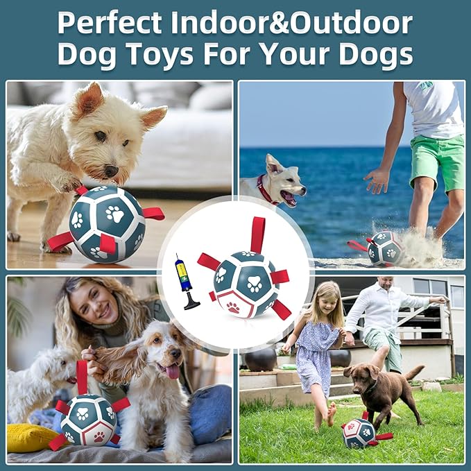 QDAN Dog Toys Soccer Ball with Straps, Outdoor Toys for Tug of War, Puppy Birthday Gifts, Dog Water Toy, Durable Balls for Small Dogs - Blue Red（5 Inch）