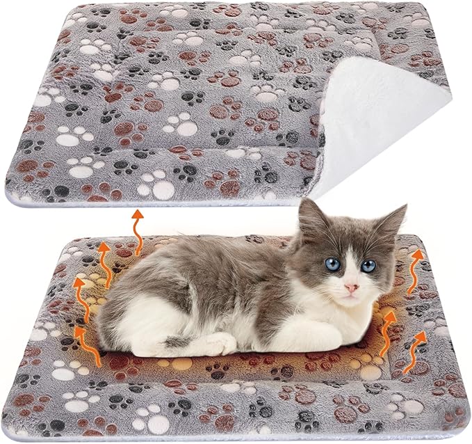 2 Pack Self Warming Cat Mat Self Heating Pad Bed Reversible Machine Washable Reflects Body Heat Warm Thermal Pet Pad Crate Blanket for Feral and Indoor Cat(Black,22'' X 18'',Dog Paw)