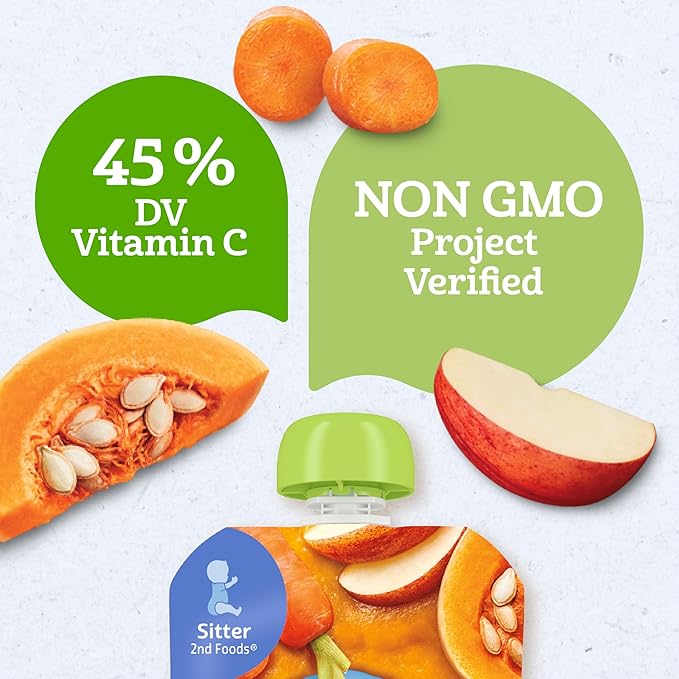 Gerber Stage 2 Baby Food, Organic Apple Carrot Squash Puree Pouch, 2 Servings of Fruit & Veggie, No Added Sweetener, No Artificial Colors or Flavors, 12-Pack