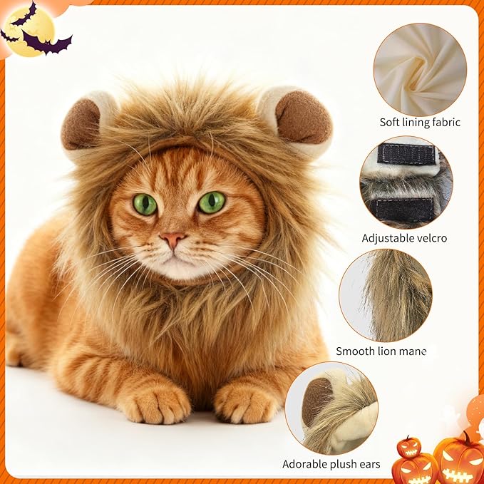 Cat Halloween Costumes - Adjustable Lion Mane Wig Pet Costumes for Cats (S)