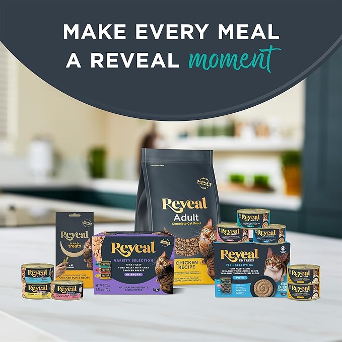 Reveal Entrées Natural Wet Cat Food Paté, Grain-Free with Added Vitamins & Minerals, Carrageenan-Free Protein, Fish Variety Selection Paté (12 x 2.47 oz Cans)