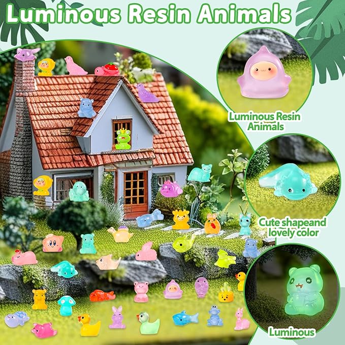 400 Pack Glowing mini Resin Animals - in The Dark Tiny Miniature Figures Ornaments Duck Puppy Baby Dinosaur Baby Dolphin Capybara - for Miniature Landscape Dollhouse Aquarium Garden Accessories