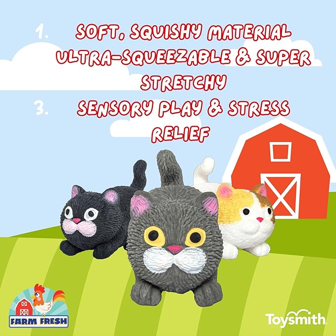 Farm Fresh Barnyard Cats – 3-Pack Mini Cat Fidget Toys for Kids – Soft Silicone Animal Squishies in White, Black & Grey – Squeeze Toy Set in Carrier Boxes – Party Favor, Gift for Girls and Boys