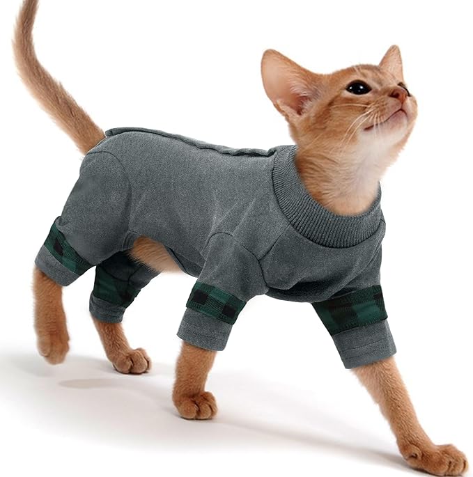 PUMYPOREITY Cat Shirt with Rear Snap Closure, Stretchable Cat Sweater, Comfort Pajamas Post-Bath, Recovery Suit - Full Coverage for Wound Care, Kitten Onesie - Machine Washable, S, Grey