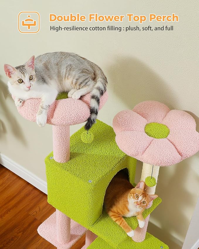 Flower Cat Tree, 52.4" Cute Cat Tower for Indoor Cats with 2 Flower Padded Perches, 2 Condos & 2 Scratching Posts, Pink