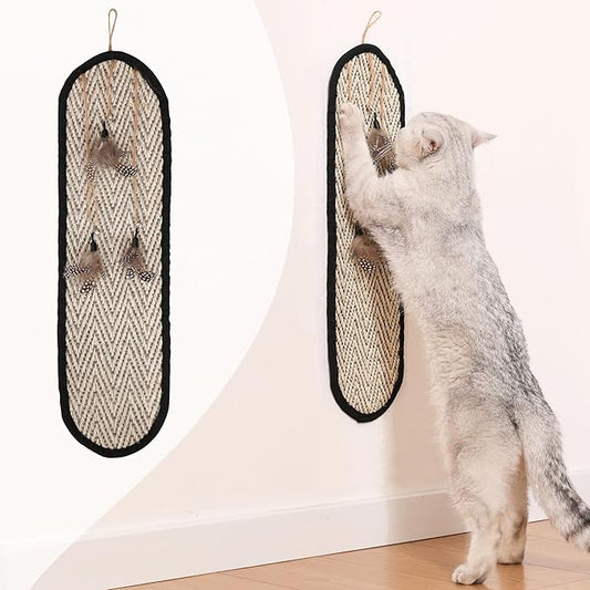 Boho Sisal Cat Scratcher Mat with Hook and Loop Strips (Scratch Protector for Carpet, Sofa, Wall and Furniture), Durable and Shedding-Resistant Surface (Oval Medium, Fishbone)