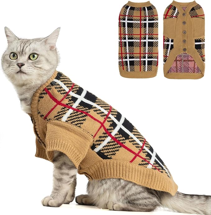 EXPAWLORER Cat Sweater Cardigan - Stylish Knit Cat Clothes, Plaid British Style Soft Puppy Sweater with Sleeve, Warm Pet Clothing Knitwear, Fall Winter Kitten Coat for Girl Boy Cats, Beige S
