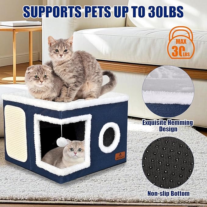Cat Beds for Indoor Cats - Foldable Cat Hideaway with Hanging Fluffy Ball and Scratch Pad, Large Cat Bed Cave with Reversible Cushion for Multi Small Pet Kitten, Blue