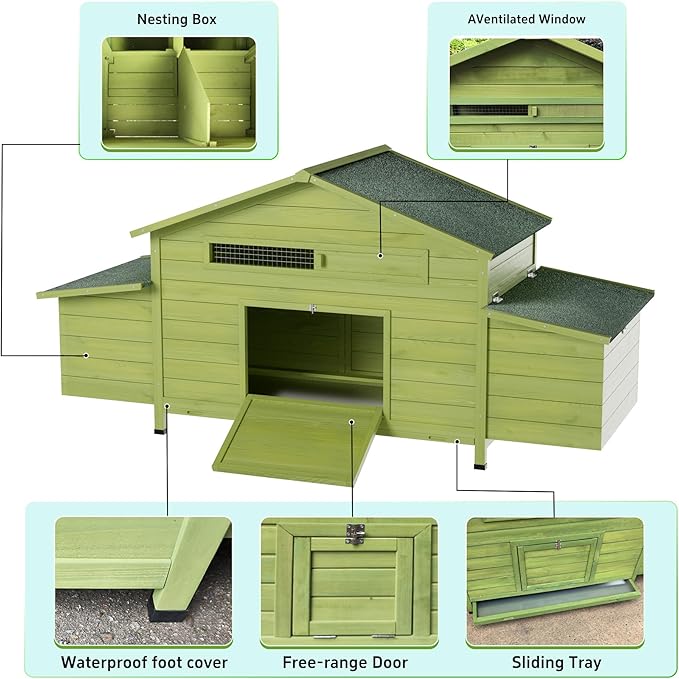 11.12 ft² Large Wooden Chicken Coop with 2 Nesting Boxes & Perch – Outdoor Hen House for 3–4 Chickens, Waterproof Poultry Cage with Free-Range Doors & Predator-Proof Locks Green