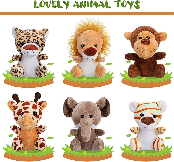 18 Pieces Small Safari Stuffed Animals 4.8 Inch Mini Jungle Animal Plush Toys Cute Zoo Stuffed Small Plush Set for Safari Themed Baby Shower Birthday Party Favors Teacher Student Award(Delicate Style)