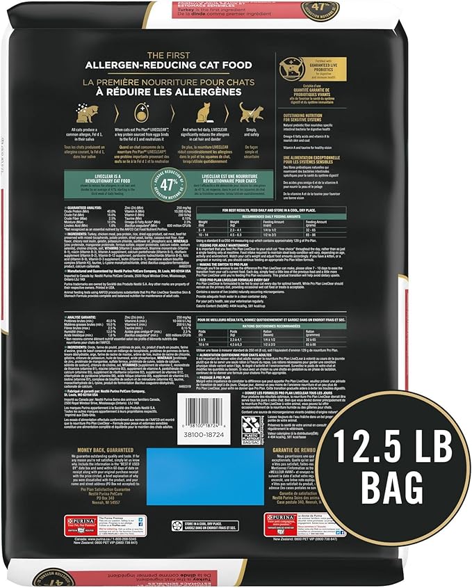 Purina Pro Plan Allergen Reducing, Sensitive Skin & Stomach, High Protein Cat Food, LIVECLEAR Turkey and Oatmeal Formula - 12.5 lb. Bag