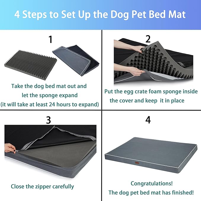 Dog Bed Mats for Large Big Dogs - Orthopedic Dog Pet Bed Thick Egg Foam Crate, Removable Washable Cover, Non-Slip Bottom Durable Dog Crate Bed Mat (Dark Gray, XXL(47''x29''x4''))