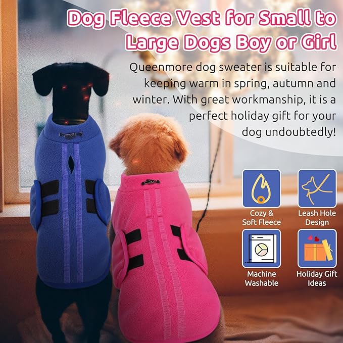 Queenmore Small Dog Sweater, Soft Fleece Vest Pullover Dog Jacket with Leash Hole, Warm Winter Dog Coats Cold Weather Doggy Dachshund Sweaters for Small Dogs Cats Boy or Girl (Blue, XL)