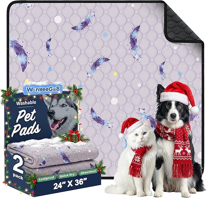 Washable Pee Pads for Dogs, 2Pack Reusable Puppy Pads, Super Absorbent & Leakproof Dog Pads, Anti-Slip Dog Pee Pads for Puppy Training & Incontinence, Feather Pattern 24"x36"