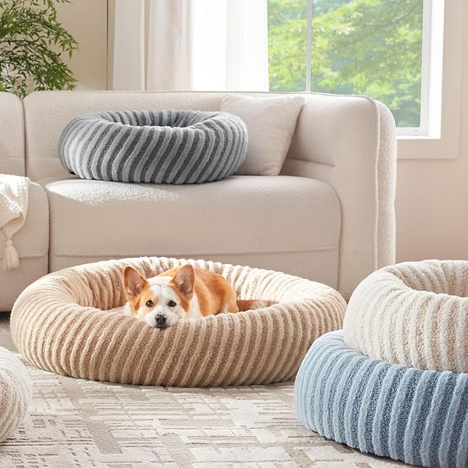MIXJOY Calming Dog Beds Large Sized Dogs - Washable Donut Large Dog Bed with Removable Zipper Cover, Round Fluffy Plush Faux Fur Pet Bed with Anti-Slip Bottom, 36"x36"x10", Grey