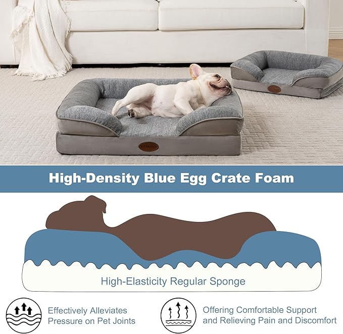 Cooling Pet Bed for Small Dogs and Cats, Waterproof Orthopedic Dog Sofa Bed, Supportive Foam Pet Couch Bed with Washable Removable Cover, Waterproof Lining and Nonskid Bottom(Small, Grey)