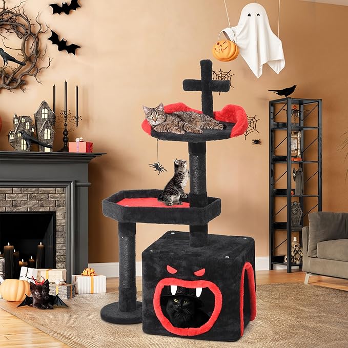 YITAHOME Gothic Cat Tree with Coffin Bed, 38.6" Indoor Cat Tower Featuring Spacious Condo, Spider Hanging Ball, Scratching Post, Black Halloween