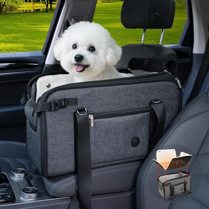 YUDODO 18lbs Dog Car Seat (Width >9in) for Small Dog Large Center Console with Removable Velvet Cushion Luxury Puppy Cat Travel Portable Booster Seat Anti-Slip Pet Car Bed Carseat PU Leather Gray