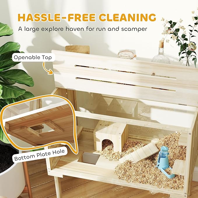 PawHut Wooden Hamster Cage with Legs, Gerbil Cage with Seesaw, Hut, Water Bottle & Food Dish, Hamster Habitat for Syrian, Dwarf, Mouse, 28" x 16" x 29.5", Nature Wood