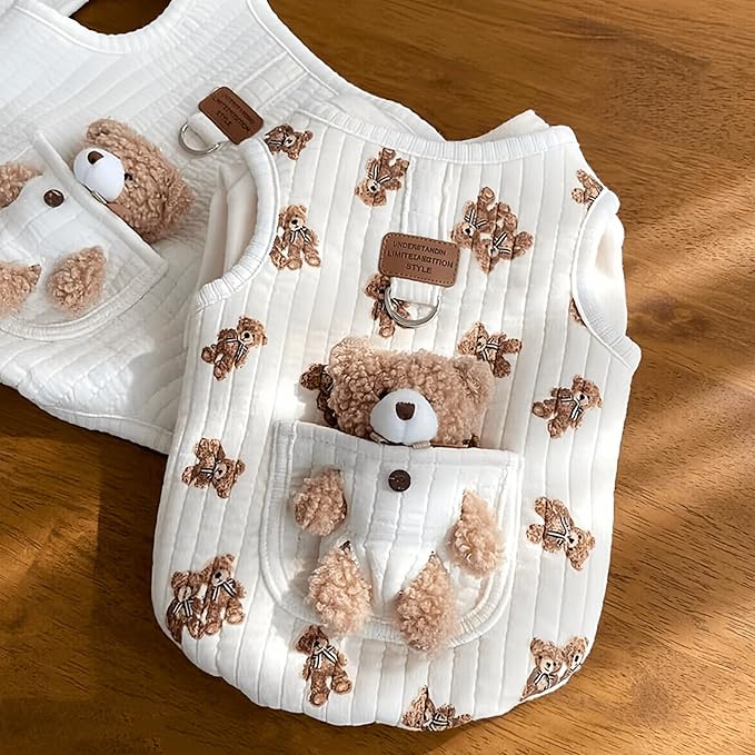 Cute Pet Apparel Plush Bear Pattern Cartoon Dog Clothes All Season Sleeveless Puppy Kitten Pullover Soft Skin-Friendly (White1, M (4.4-7.7lbs))