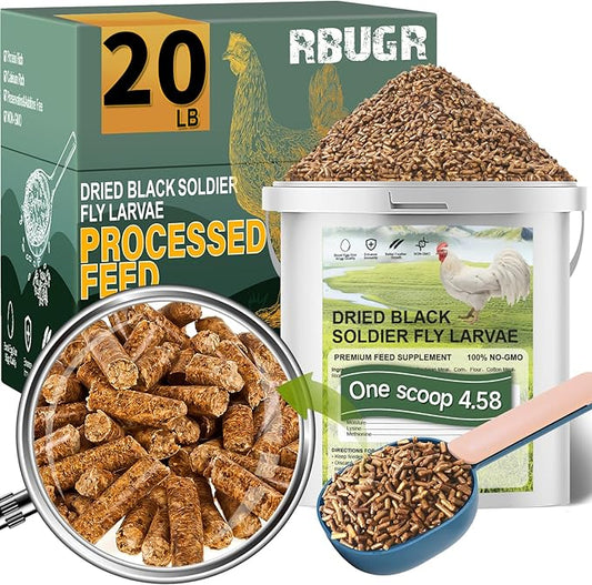 Chicken Feed, 20lb Dried Black Soldier Fly Larvae Pellets for Chickens, Organic Chickens Feed with More Protein & Calcium Than Mealworms, Processed Chicken Food for Laying Hens