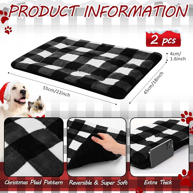 2 Pack Self Warming Cat Mat Self Heating Pad Bed Reversible Machine Washable Reflects Body Heat Warm Thermal Pet Pad Crate Blanket for Feral and Indoor Cat (Black, White,22'' X 18'',Plaid)