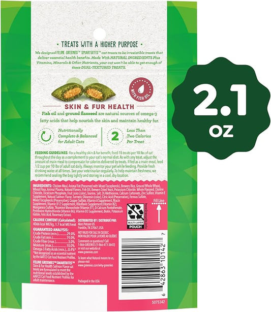 Greenies Feline Smartbites Skin & Fur Crunchy and Soft Cat Treats, Salmon Flavor, 2.1 oz. Pack