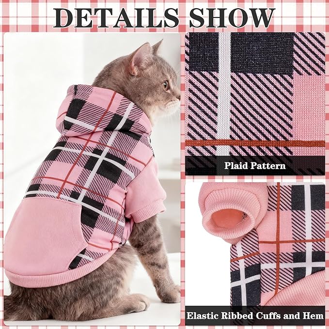 EXPAWLORER Plaid Cat Hoodie - British Style Warm Cat Sweater Shirt with Leash Hole,Pet Clothes Outfits,Winter Coat Apparel for Puppy Cats Girl Boy-Kitten Apparel,Pink M