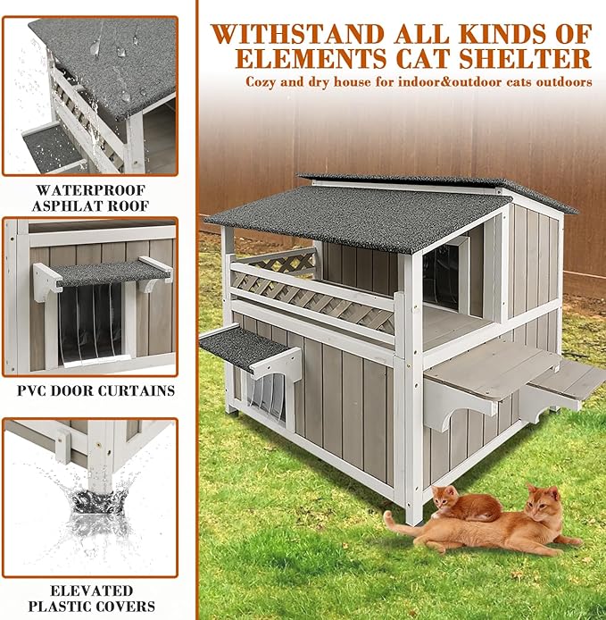 Outdoor Cat House Weatherproof Cats Shelter for Feral Kitten Pet Houses for 1-2 Small Animlas 2 Story Wooden Houses for Indoor Outdoor Cats with Escape Doors (29" L x 30" W x 31.5" H Grey)
