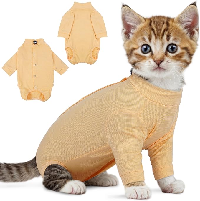 PUMYPOREITY Adjustable Cat Recovery Shirt, Front Leg Injury Suit, Stretchable & Comfortable, Anti-Licking Long Sleeve Wound Cover, Prevents Scratching & Biting, Machine Washable, Orange, S