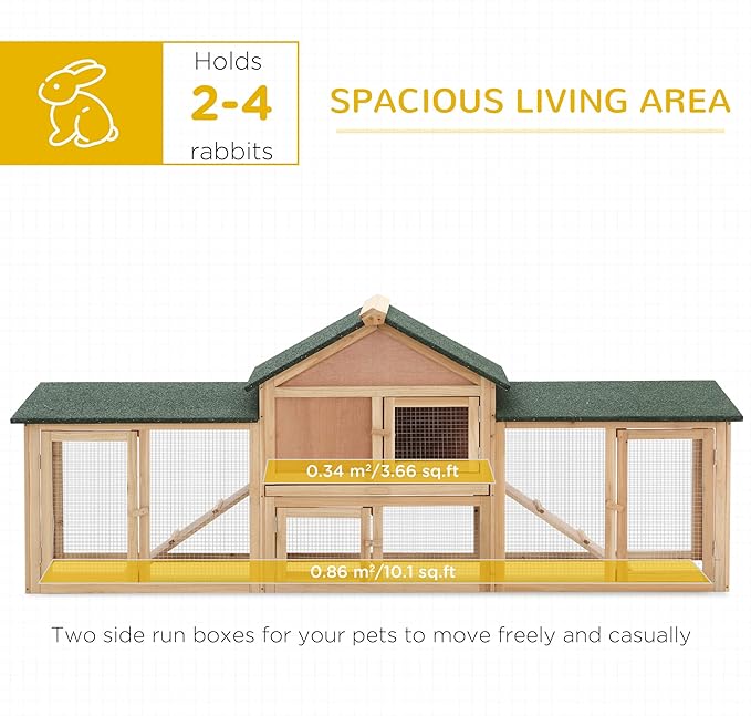 PawHut 83" L Outdoor Rabbit Hutch with Double Runs, Large Guinea Pig Cage Indoor, Wooden Bunny Hutch with Weatherproof Roof, Removable Tray, Ramps, for Rabbits, Chickens, Ducks, Natural
