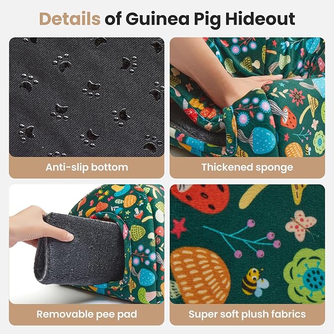 Guinea Pig Hideout Soft Large Bed Tunnel with Door Curtain 2 Pack Guinea Pig Toys Set Bunny Bed Cage Accessories for Small Animals (Blackish Green Mushroom)