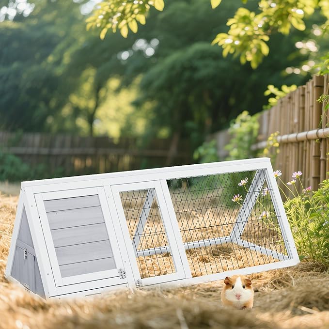 Small Animal Cages Indoor Outdoor Wooden Pet House Large A-Frame Guinea Pig House Poultry Hutch with 3 Doors for Chicken Duck Bunny Hedgehog Gerbil (Grey)