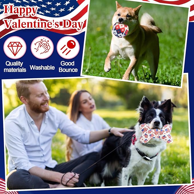 6 Pcs 4th of July Dog Toys Patriotic Day Puppy Tennis Balls and Squeaky Bone Plush Red White and Blue Pet Toys for Small Medium Large Dog Plush Chew Training Toss Balls Gift