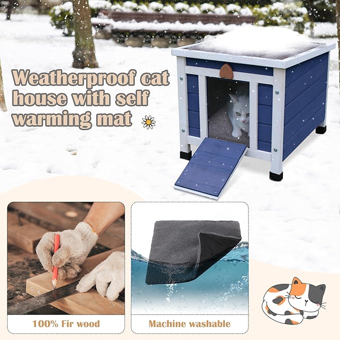 Deblue Outdoor Cat House with Self-Warming Mat, Weatherproof Cat House for Feral Cat, Cat Houses for Outdoor Cats (Blue House with Mat)