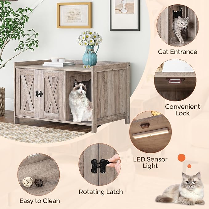 Cat Litter Box Enclosure, Hidden Litter Box Furniture with Divider, Indoor Cat House, Wooden Washroom Storage Cabinet Bench, as End Table, for Living Room, Bedroom, Greige CWHG2501Z
