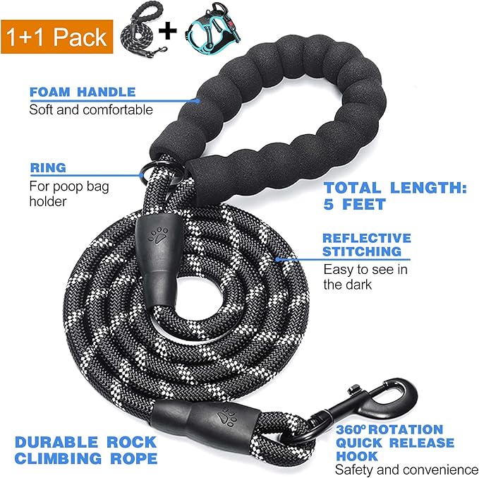 No Pull Dog Harness Adjustable Reflective Oxford Easy Control Medium Large Dog Harness with A Free Heavy Duty 5ft Dog Leash (S (Neck: 14"-17", Chest: 18.5"-20"), Black/Blue Harness+Leash)