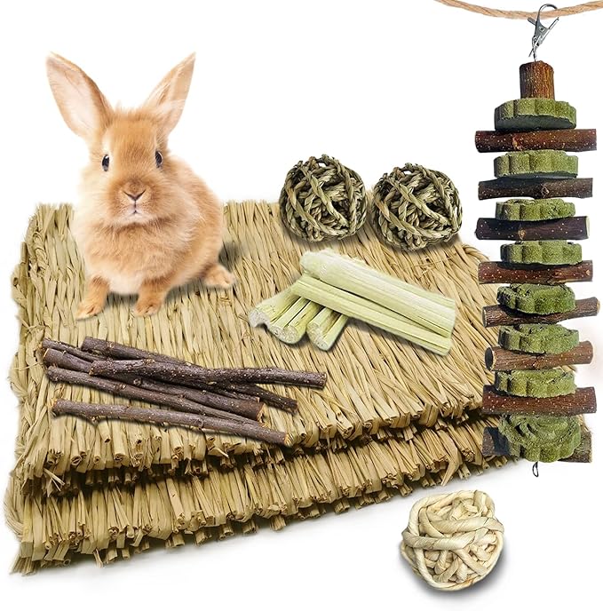 kathson 18PCS Bunny Chew Toys for Teeth,Rabbit Grass Mats,Natural Hay Woven Bunny Bed,Rabbit Wood&Bamboo Sticks and Timothy Grass,Small Animals Chew Treat Toy for Guinea Pig,Hamster,Chinchillas,Mouse