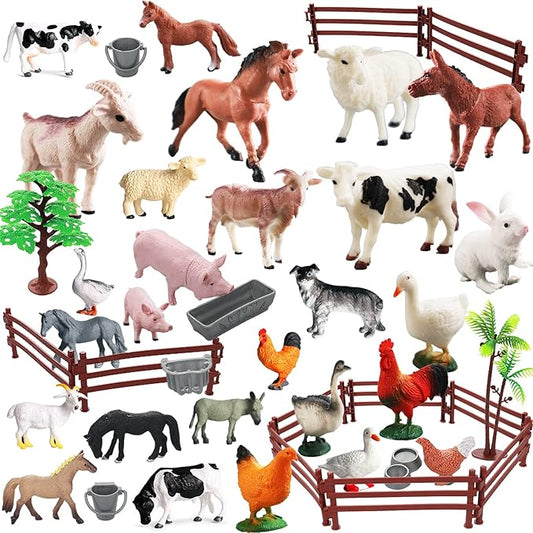 Realistic Farm Animal Figures Toys, 44 Pcs Plastic Farm Figurines Playset Includes Fences Mini Farm Animal Cake Topper Learning Toy Set for Kids & Toddlers