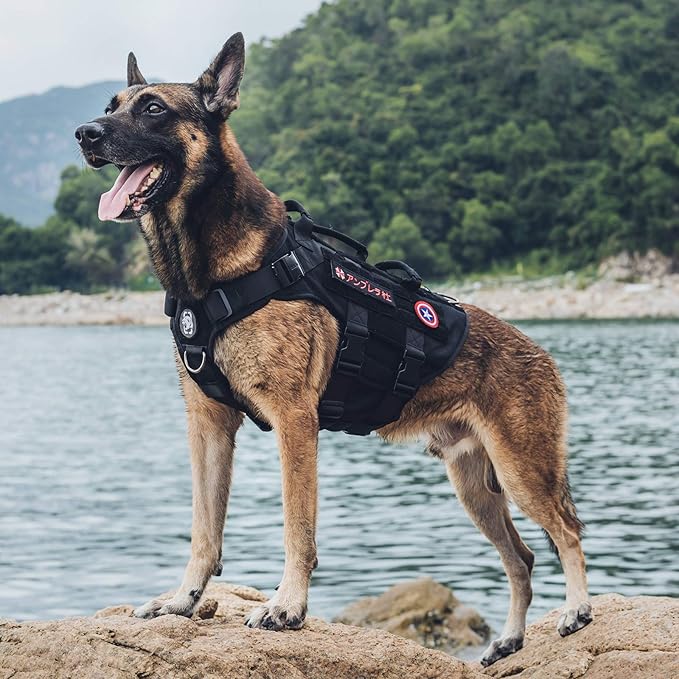 OneTigris Large Tactical Dog Harness, No Pulling Adjustable Dog Vest Harness, Heavy Duty Dog Harness with Handle, Large Hook and Loop Panels for Patch Black