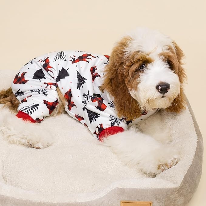 Fitwarm Reindeer Dog Christmas Pajamas, Winter Doggy Clothes for Small Dogs Boy Girl, Fleece Dog Onesie with Feet, Holiday Pet Outfit, Black, White, Red, XXL
