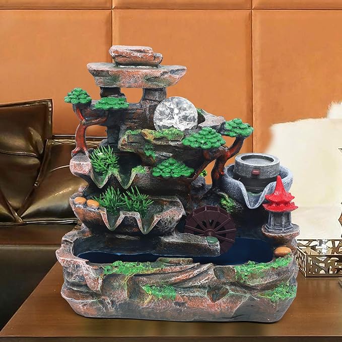 Tabletop Waterfall Fountain with Rockery, Mini Silent Indoor Ornament Desk Calming Water Fountain Desktop Simulation Resin with Atomizer LED Light for Office Bedroom Home Table Decor Multi-Layer