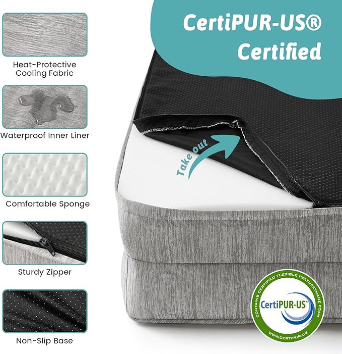 Cooling Dog Bed, Orthopedic Foam Dog Bed with Sides, Removable Cover & Waterproof Lining and Nonskid Bottom, Comfortable Pet Beds for Extra Large Dogs, Grey (48" L x 32" W x 7.5" Th)