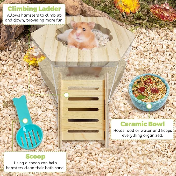 Hamiledyi Hamster Sand Bath Box Transparent Gerbil Digging Sand Container Acrylic Small Dwarf & Syrian Hamster Shower Bathtub with Climbing Ladder Bowl and Scoop Cage Accessories for Lemmings (Flower)