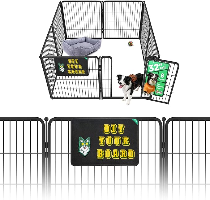 FXW Homeplus Unleashed Indoor Dog Playpen - Stress-Free and Safe Play, Heavy Duty 32 Inch 8 Panels with Magnetic Hook & Loop Patch Board for Small and Medium Dogs, Black│Patented