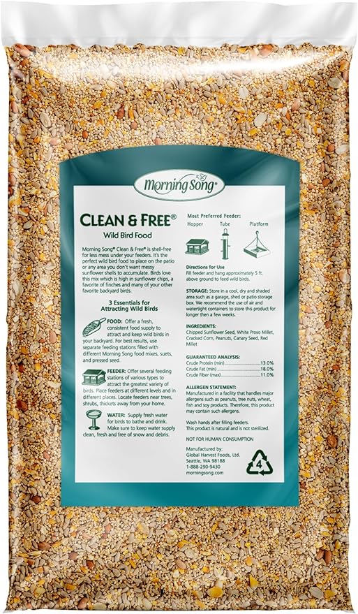 Morning Song Clean & Free Shell Free Wild Bird Food, Premium No Mess Bird Seed for Outside Feeders, 10-Pound Bag