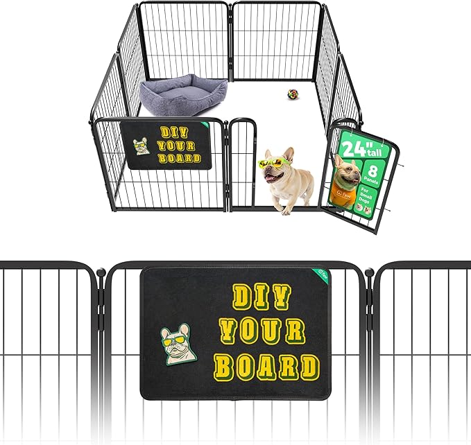 FXW Homeplus Unleashed Indoor Dog Playpen - Stress-Free and Safe Play, Heavy Duty 24 Inch 8 Panels with Magnetic Hook & Loop Patch Board for Puppy and Small Dogs, Black│Patented