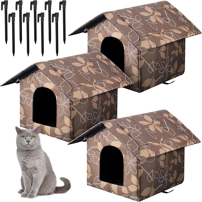 Soaoo 3 Pcs Cat Houses for Outdoor Stray Cats Shelter Weatherproof Outside House Indoor Foldable Pet Cave with Tent Stakes for Wild Animal Dogs(Leaves Style)