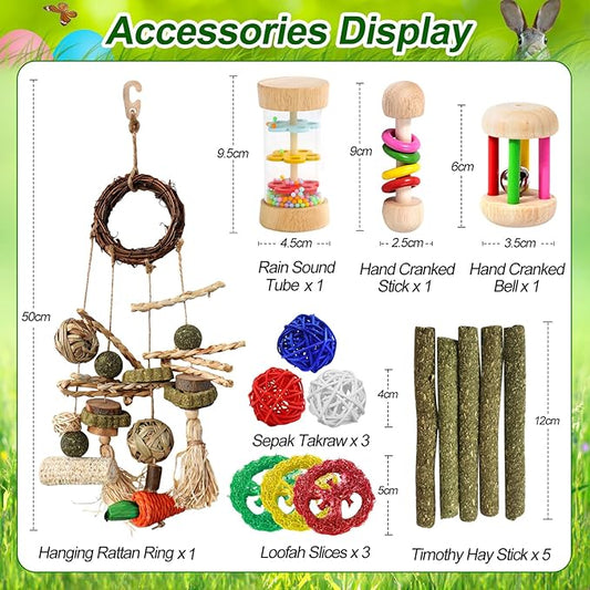 15PCS Rabbit Toys for Bunnies Boredom Enrichment with Chinchilla Hamster Rat Guinea Pig Bunny Toys for Rabbits Indoor Wooden Hanging Bunny Rabbit Chew Toy for Teeth Keep Busy Grass Sticks Treat Balls
